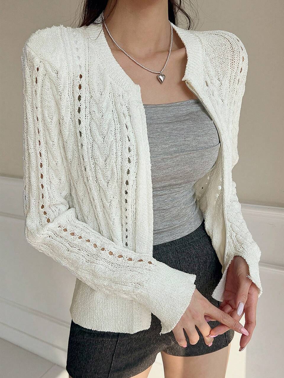 Slim Fit Round Neck Zip-Up Cardigan, Elegant & Slimming Long Sleeve Tops