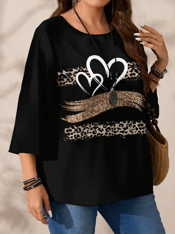 EMERY ROSE Plus Size Women Casual All-Over Print Round Neck Loose 3/4 Sleeve Shirt