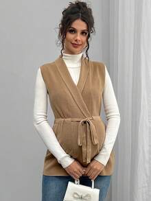 SHEIN Áo khoác len cardigan dệt kim không tay cổ rút dây buộc màu trơn cho bà bầu - màu nâu - Xem 5