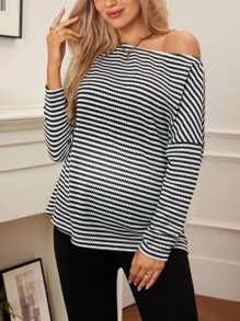 SHEIN Maternity Casual Commuter Striped Boat Neck Long Sleeve T-Shirt - Black and White - View 1