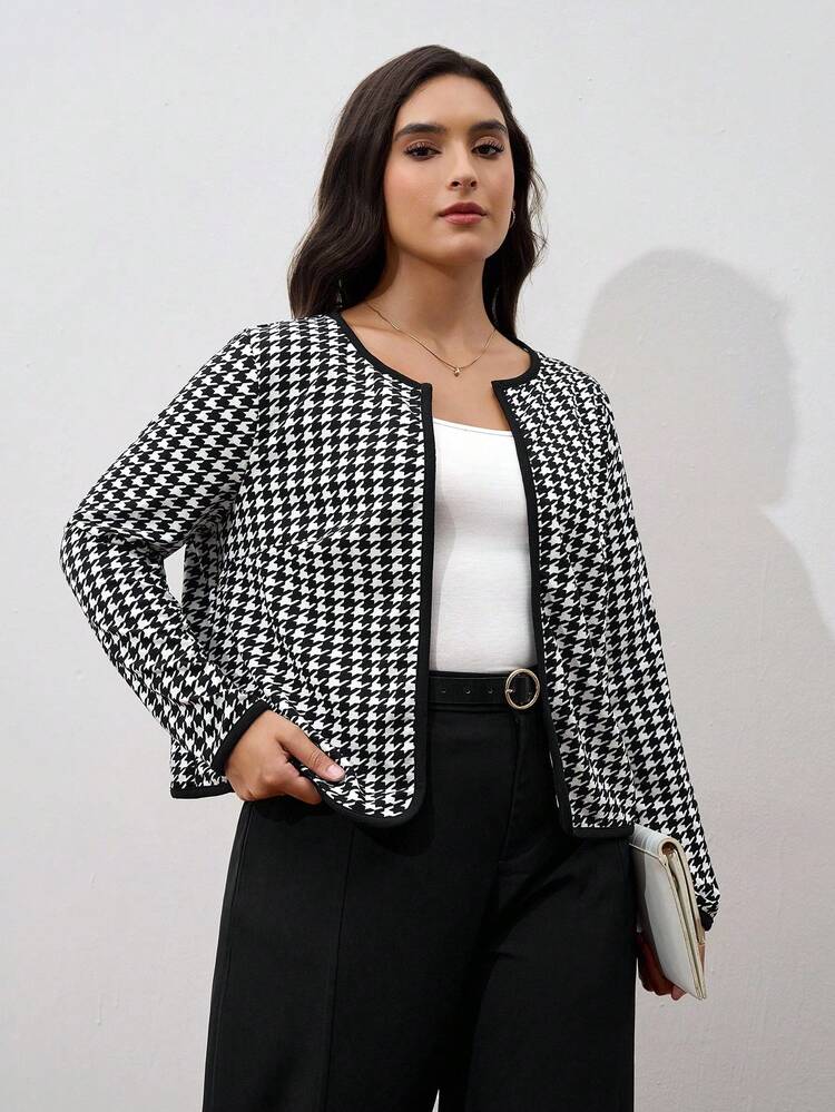 Plus Houndstooth Print Open Front Jacket,Fall Women Clothes Winter Autumn