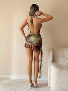 SHEIN ICON Women's Mini Dress With Floral Print, Ruffle Hem, Super Deep V-Neck, Asymmetric Hem, Sexy & Avant-Garde, Suitable For Back To School Season, Beach Vacation, Autumn/Winter