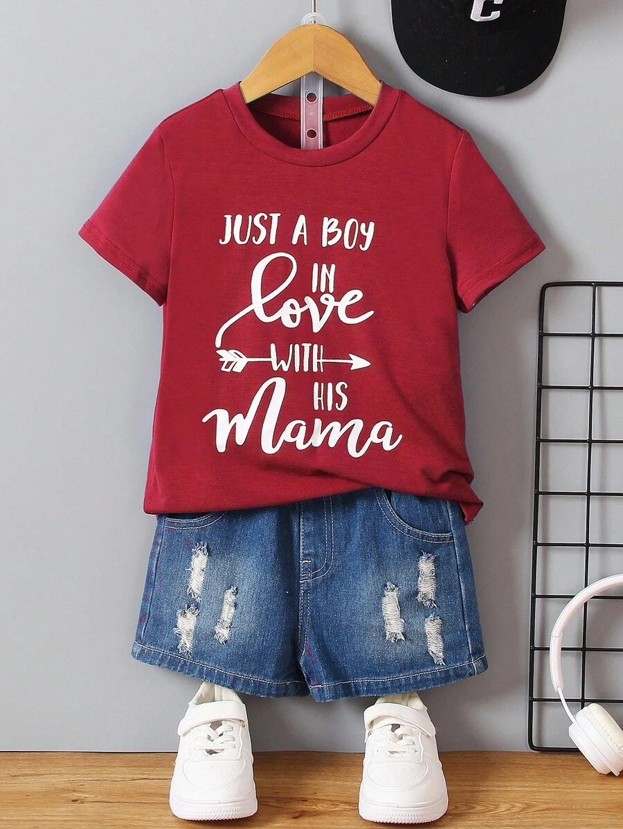 SHEIN Toddler Boys' Summer T-Shirt, Round Neck Short Sleeve, Solid Color English Letter Print, Casual Comfortable Versatile Fashionable Cute Street Style, Suitable For Spring/Summer Getaway, Holiday, Travel, Relax, Sunbathing