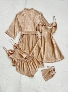 LuxeNights Bộ đồ ngủ satin jacquard 5 món dành cho nữ, bao gồm áo hai dây gợi cảm, quần short, áo choàng satin thanh lịch. Thích hợp mặc nhiều lần cho mọi mùa. Bộ đồ ngủ satin. Bộ đồ ngủ ngắn cho nữ. Bộ đồ lót. Bộ đồ ngủ phù dâu. Quần áo mùa thu. - màu nâu - Xem 2