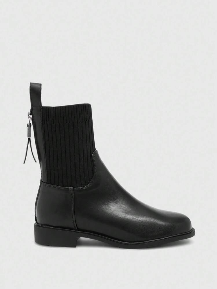 CUCCOO BIZCHIC Fashion British Women's Boots With Back Zipper, Black Knitted Elastic Round Toe Flat Thick Bottom Ankle Bootie For Christmas Spring Shoes
