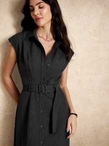 House of One Button-Up Solid Woven Collared Midi Dress Women Casual Business Office Wear Spring Autumn Collared Dress Women Shirt Dress Black Shirt Dress Belted Shirt Dress