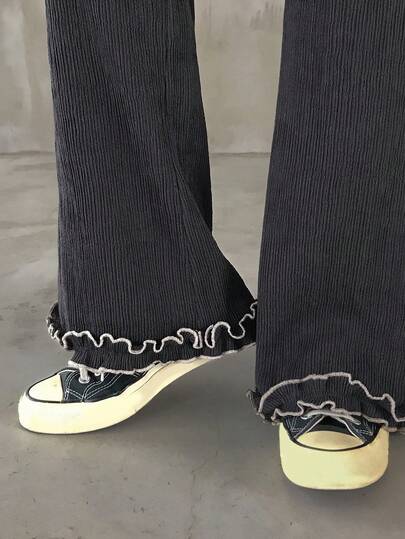 FRIFUL 女士松紧腰抽绳撞色缝线装饰直筒宽松休闲裤，百搭秋季