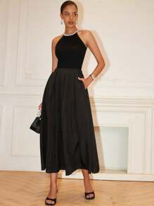 Islaluna A-lijn effen kleur hoge taille rok maxi dames outfit