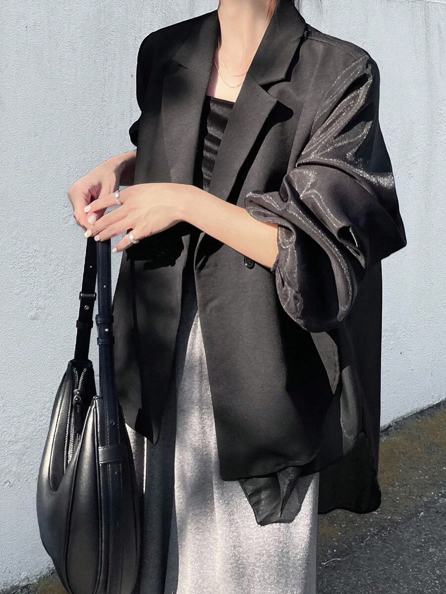 FRIFUL 女士纯色灯笼袖外套，时尚通勤黑色西装外套，女士宽松西装外套，宽松夹克，黑色夹克，女士西装外套，商务装 - 黑色 - 查看 1