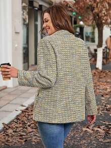 SHEIN Clasi Áo khoác blazer cổ ve kẻ caro tay dài cài hai hàng khuy thường ngày cho nữ cỡ lớn - Nhiều màu - Xem 7