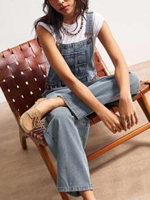 Bohemela 女式休闲宽松口袋设计阔腿牛仔连体裤 - 藍色 - 查看 8