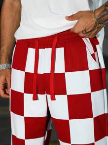 Manfinity EMRG Casual Straight-Leg Men's Pants With Contrasting Plaid Pattern, Red Checkered Pants, Men Graphic Pants, Streetwear Pants, Red And White Checkered Pants, 2000s Style, Fall - Red - View 6