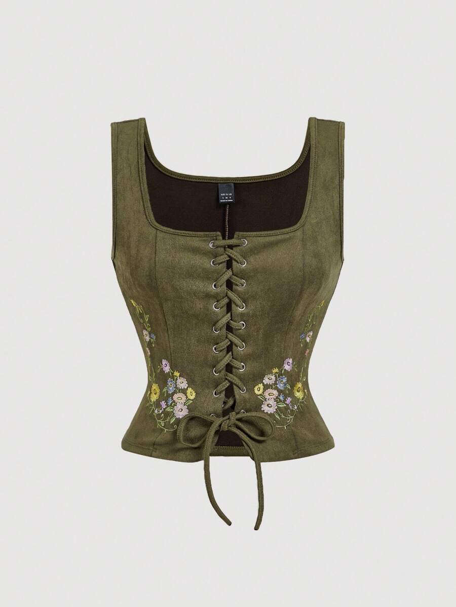 SHEIN MOD 女士刺绣系带麂皮绿色军装风上衣，波西米亚风格，适合音乐节穿着 - 軍綠色 - 查看 1