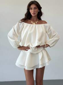 Aloruh Women's Solid Color Pleated Off Shoulder Lantern Sleeve Ruffle Hem Fashionable Mini Dress