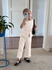 SHEIN 年轻女孩通勤休闲纯色梭织无袖圆领上衣和直筒裤套装，法式 - 杏色 - 查看 5