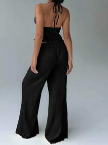 FavEase Textured Pleated Halter Neck Top And Loose Wide Leg Pants Set - Black - View 2