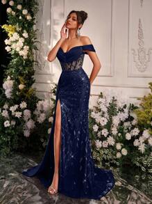 Glamrae 优雅奢华露肩刺绣亮片开衩鱼尾裙，缎面褶饰，侧褶，适合婚礼、派对、舞会、宴会（重型） - 藏蓝色 - 查看 7