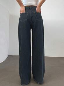 Dazy Tall 女式宽松街头休闲高腰牛仔裤 - 深色水洗藍 - 查看 2