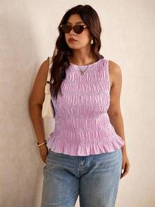 Elaquor 大码女式条纹荷叶边下摆时尚吊带背心 - 粉色 - 查看 6