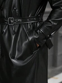 Manfinity CasualCool 男士纯色翻领双排扣休闲PU风衣，春秋季，男士秋季黑色风衣，男友礼物，男士黑色皮衣，皮质风衣，长款皮衣，黑色皮质风衣 - 黑色 - 查看 7