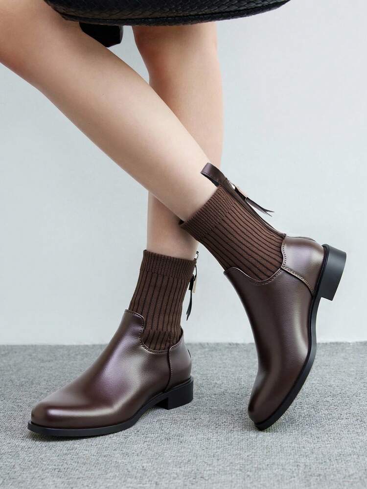 CUCCOO BIZCHIC Women's Fashionable British-Style Back Zipper Coffee Elastic Boots, Round Toe Flat Ankle Boots For Christmas Spring Shoes