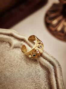 Glisma 18K 镀金 1 件纹理、金属、水钻、立方氧化锆戒指，优雅、可爱、奢华，适合工作、派对、休闲、婚礼、节日、度假、露营、Y2K、妈妈、女士、女孩、秋季、冬季、节日、假日、度假、老钱、万圣节 - 金黃色 - 查看 1