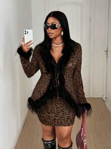 Maweii Set de Chaqueta de mujer talla grande con estampado de leopardo + Minifalda sexy