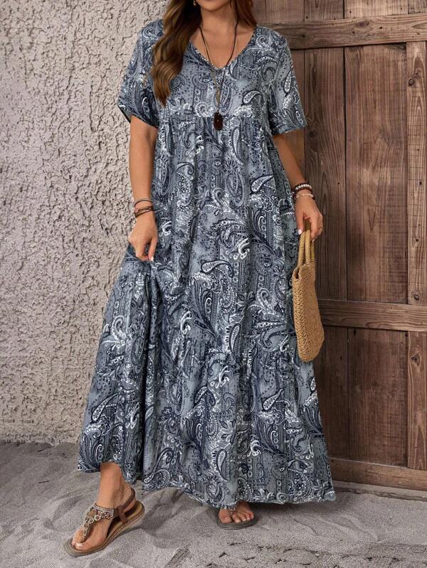 EMERY ROSE Plus Size V-Neck Plant Print Loose Casual Long Dress,Country Casual Vacation Outfits Woman,Simple And Fashionable For Everyday Wear,Summer Tops Women,Summer Outfits For Women,Summer Dresses For Women,Maxi Dress,Gifts For Mother,Bohemian Clothes,Springbreak,Rave Outfits,Country Outfits Women