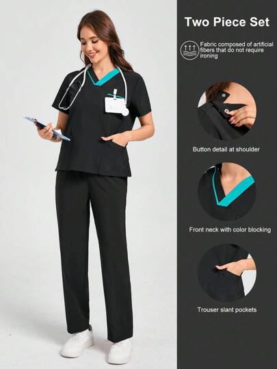 Scrubzie Bộ đồng phục quần áo và cổ áo màu tương phản, bộ đồ phẫu thuật đa năng