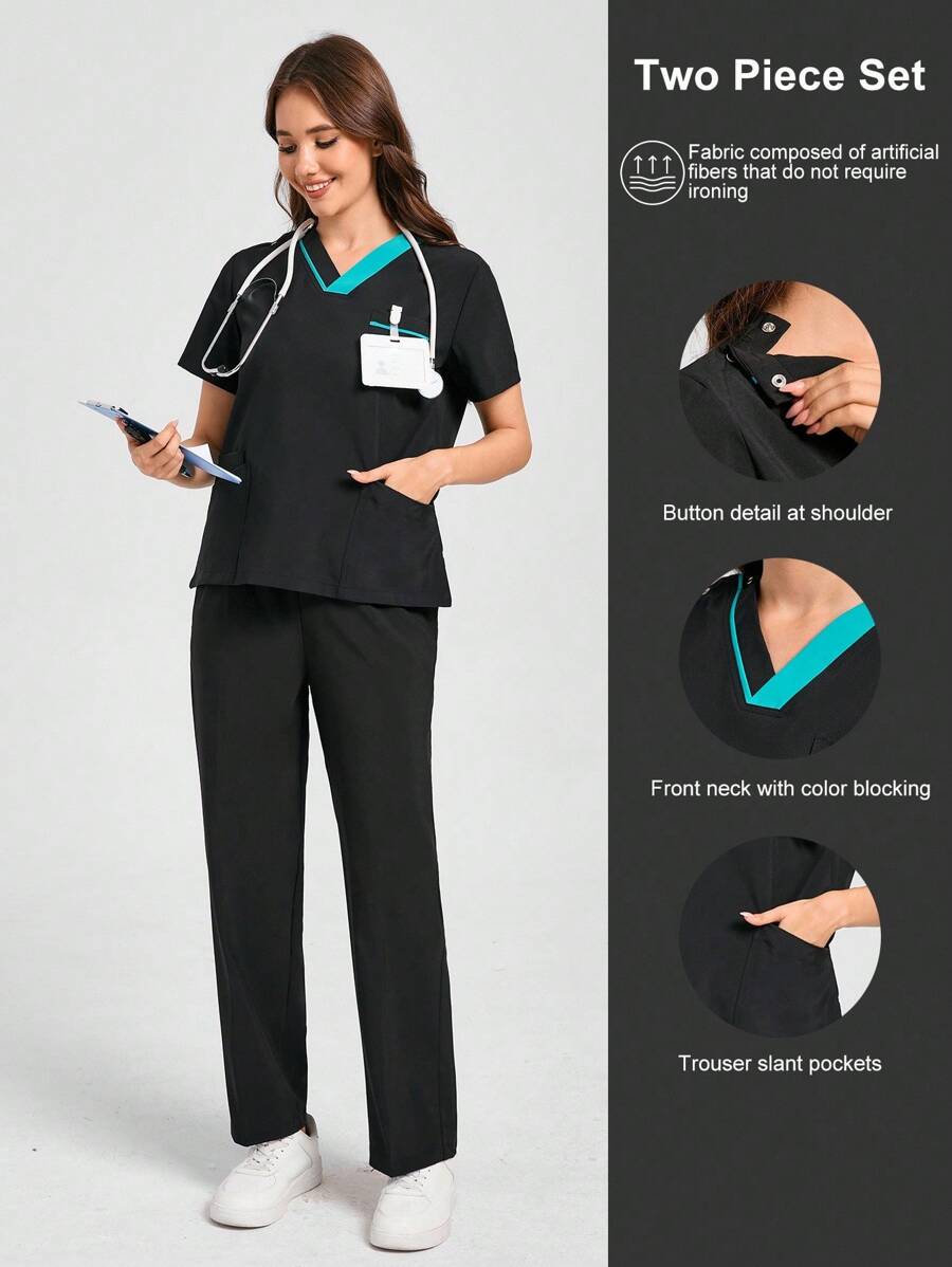 Scrubzie Bộ đồng phục quần áo và cổ áo màu tương phản, bộ đồ phẫu thuật đa năng - màu đen - Xem 1