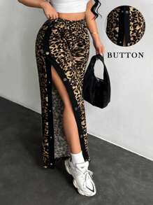 SHEIN SXY Women Casual Fashion Street Leopard Print Contrast Sideseam Button Placket Wide Leg Sweatpants,Fall Women Clothes,,Back To School,Y2k,Cheetah Print,School Clothes,Leopard Print,Casual Women Outfits,Streetwear Women - Multicolor - View 1