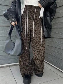 FRIFUL 女款豹纹荷叶边下摆阔腿裤豹纹裤动物纹裤猎豹裤豹纹裤棕色豹纹裤秋季 - 棕色 - 查看 3