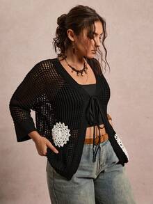 Freevana 大码女式花卉图案镂空前系带长袖开衫 - 黑色 - 查看 4