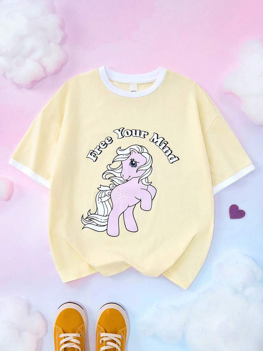 My Little Pony X SHEIN 青少年女孩字母和卡通图案圆领短袖T恤 - 黃色 - 查看 1