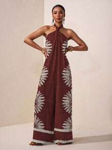 Zivah 2025 夏季新款波西米亚风格女式连体裤，露背系带，性感露背，扭结超宽松阔腿裤，花卉印花，红棕色/女士秋季服装/波西米亚风女装/复古女装 - 彩色 - 查看 4