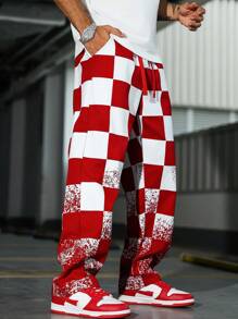 Manfinity EMRG Casual Straight-Leg Men's Pants With Contrasting Plaid Pattern, Red Checkered Pants, Men Graphic Pants, Streetwear Pants, Red And White Checkered Pants, 2000s Style, Fall - Red - View 4