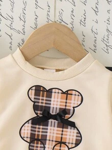 Infant/Toddler Girls Apricot Color Bear Patchwork Plaid Pleated Dress - Apricot - View 7