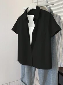 INAWLY Áo sơ mi nữ tay ngắn, cài nút đơn, dáng rộng, màu trơn, mùa hè - màu đen - Xem 4