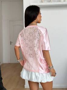 Coolane Áo thun Jersey cỡ lớn in họa tiết thêu ren tương phản Y2K Gyaru Fairycore dành cho cặp đôi mùa hè đường phố dành cho nam và nữ - Hồng - Xem 6