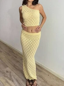 Sunnyshic 2件套女士时尚休闲度假日常斜肩毛衣套装 - 黃色 - 查看 6