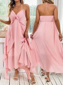 SHEIN LUNE Plus Size Women French Elegant Ruffle Backless Spaghetti Strap Dress, Pink - Coral Pink - View 3