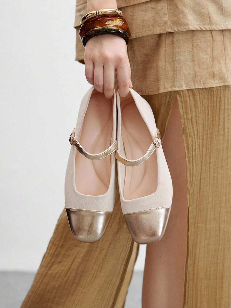 CUCCOO BIZCHIC Women's Colorblock Square Toe Buckle Strap Flat Mary Jane Shoes For Christmas Spring Shoes