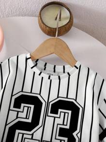 Babygirl Cute Summer Sports Style Colorblock Striped Numeric Pattern Loose Dress - Black and White - View 4