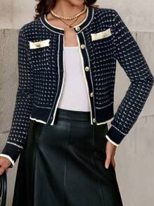 SHEIN Clasi Cárdigan de punto ajustado con cuello redondo, manga larga y botones de mujer con contraste de color para otoño/invierno - Negro - Ver 4