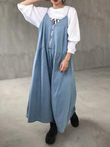 FRIFUL 女式休闲宽松牛仔连身裤 - 藍色 - 查看 2