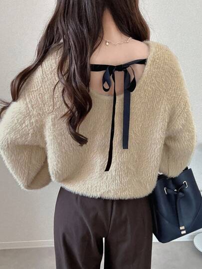 FRIFUL 女士圆领撞色蝴蝶结后背宽松厚绒毛衣秋冬