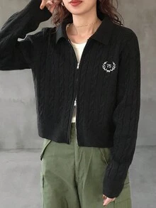 FRIFUL 女式数字刺绣长袖拉链休闲针织开衫夹克 - 黑色 - 查看 3