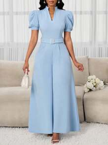 SHEIN Lady Women Elegant Solid Color Puff Sleeve V-Neck Stand Collar Slim Waist-Closing Metal Belt Vacation Commuter Wide Legs A-Style Jumpsuits Wearable In All Seasons   Wedding Guest  Old Money Style Women  Classy Outfits For Women Business Casual Outfits Women  Birthday Outfit  Going Out  Back To School Outfits Women  Jumpsuits For Woman Elegant   Back To School  Concert Outfits For Women Church Outfits Women - Baby Blue - View 7