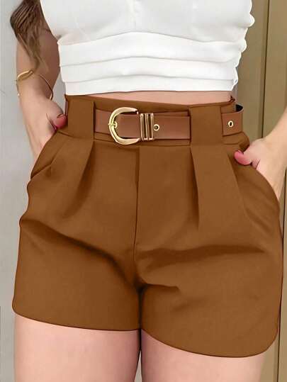 VaVaBold Women's Solid Color Pleated Pocket Loose Casual Shorts