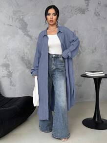 SHEIN LUNE Long Textured Casual Office Shirt Fall Cloth For Women - Dusty Blue - View 3